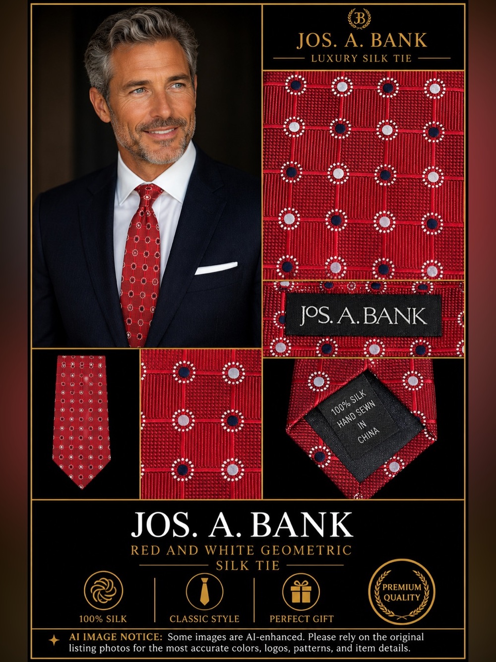 Jos. A. Bank Red and White Geometric Silk Tie
